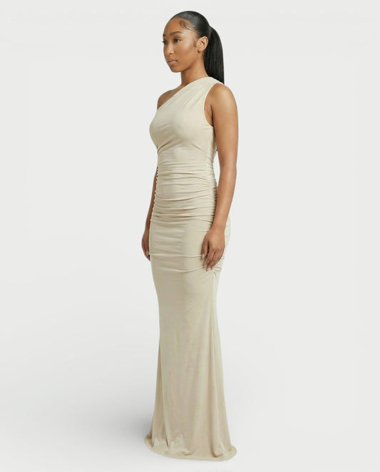 HANIMA One-Shoulder Ruched Maxi Dress